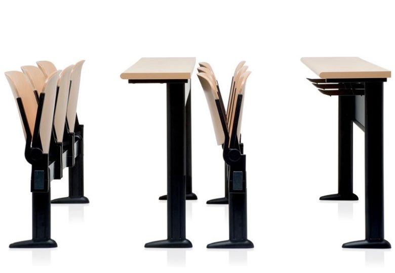 sedie per collettività color legno agganciabili su trave con tavolino